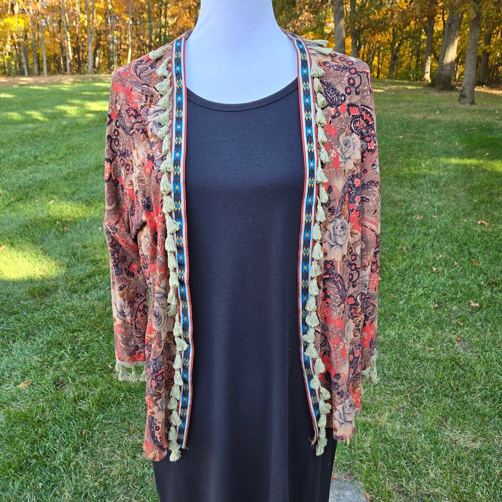Papillon Boho Open Front Kimono size Small/Medium Tassels Trim Cardigan Jacket